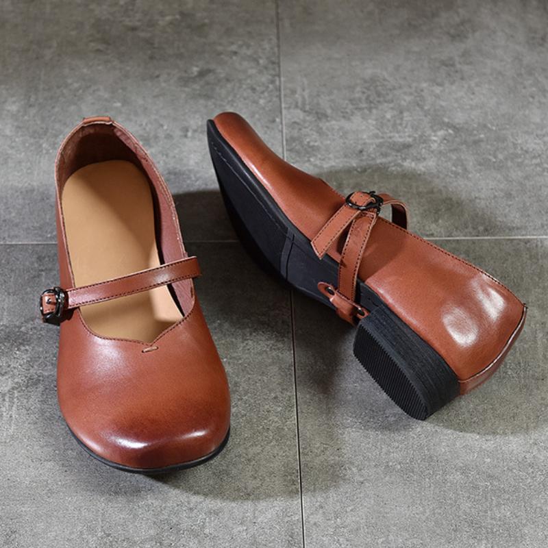 Johnature Buty Mary Jane w stylu retro. Damskie czółenka z prawdziwej skóry. Wszechstronne buty na niskim obcasie z okrągłym noskiem