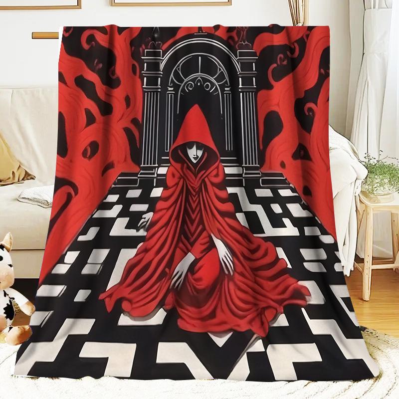 1Pc Gothic Horror Throw Blanket - Red & Black Mystery Design With Woman In Red Cloak - Soft All-Season Couch Bedspread For Home,