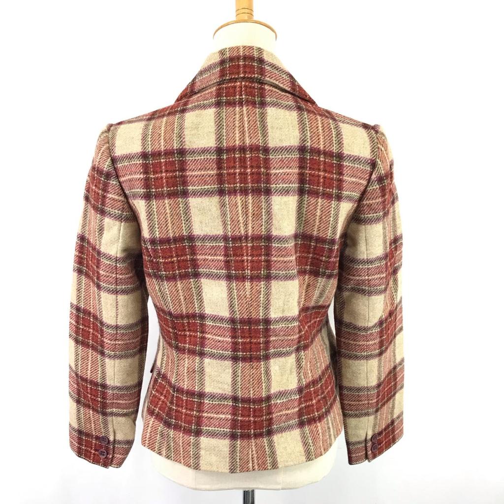 Made in Poland Laura Ashley Short Pea Coat 9 Women M Red×Beige Check Outer Jacket(USED)