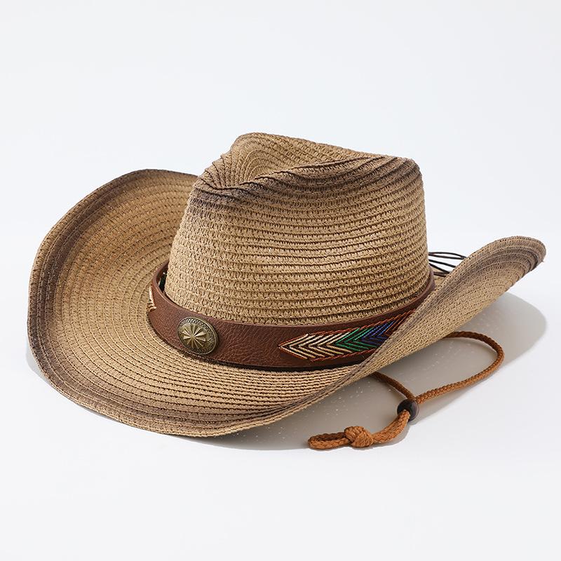Ethnic Style Straw Woven Western Cowboy Hat, Summer Travel Photo Big Edge Straw Hat, Outdoor Beach Sunshade Sun Protection Hat