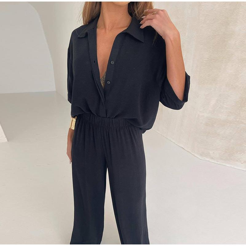 Women's Mid Sleeved Shirt and Wide Leg Pants Set with Solid Color Ruffle Decoration Women's Summer Set with Daily Casual Style Clothes