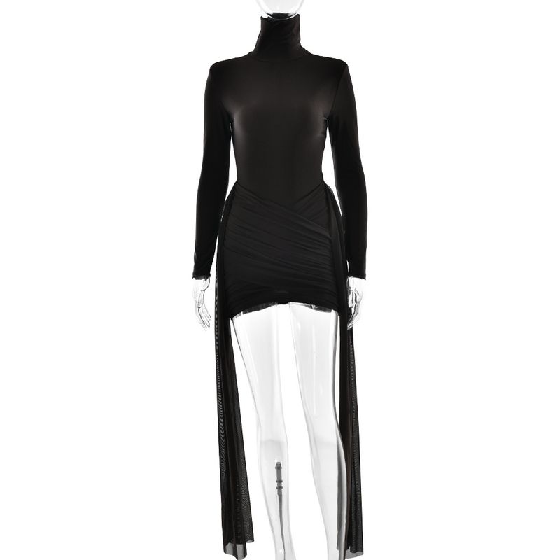 

Fashion Fall and Winter New High Neck Long Sleeves Dress Sexy Elegant Bodycon Ruched Ribbon Padded Shoulder Hip Skirt for Women