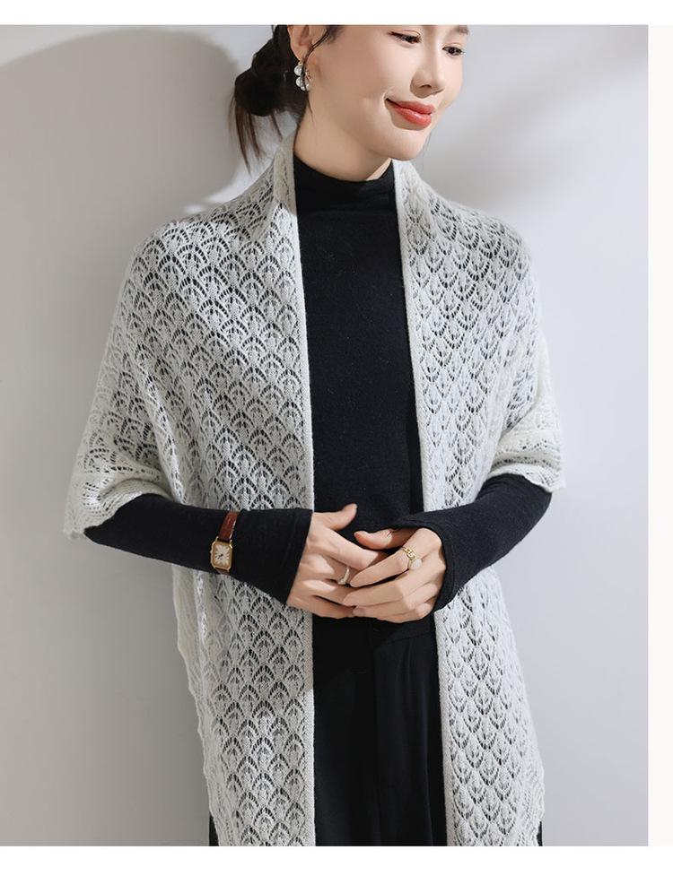 Women's 100% Pure Cashmere Hollow Knitted Shawl - Retro, Stylish & Versatile Solid Color Scarf