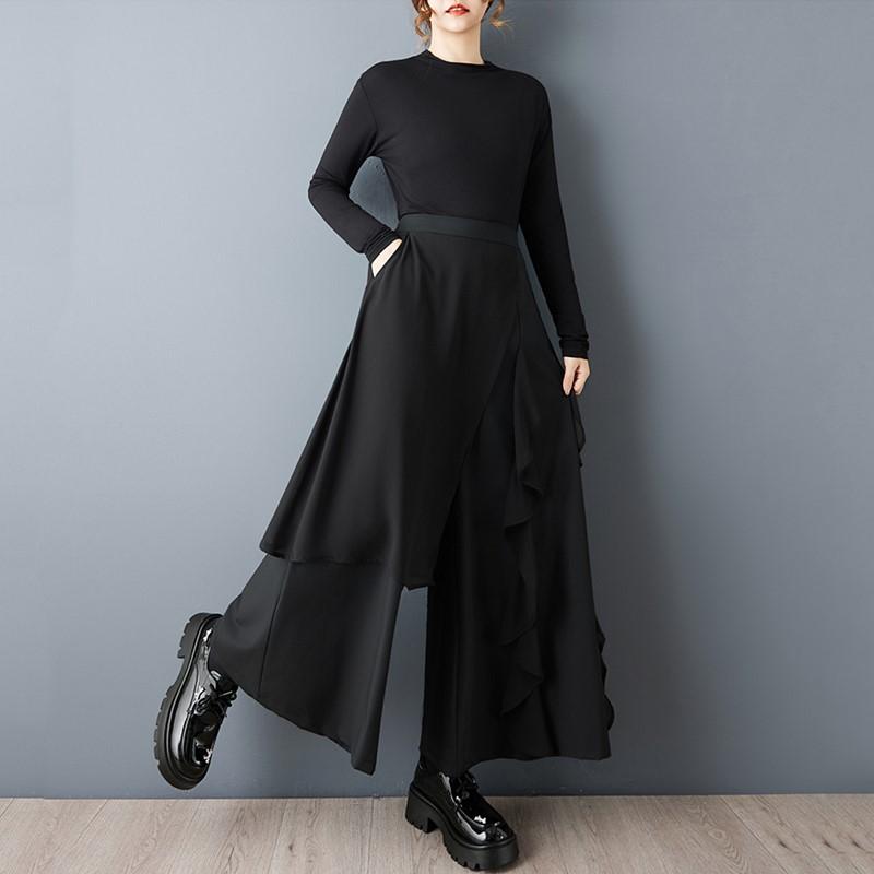 Schwarz Übergröße Vintage Hohe Taille Lässig Locker Frühling Sommer Herbst Weitbeiniger Rock Hose Damen Hose