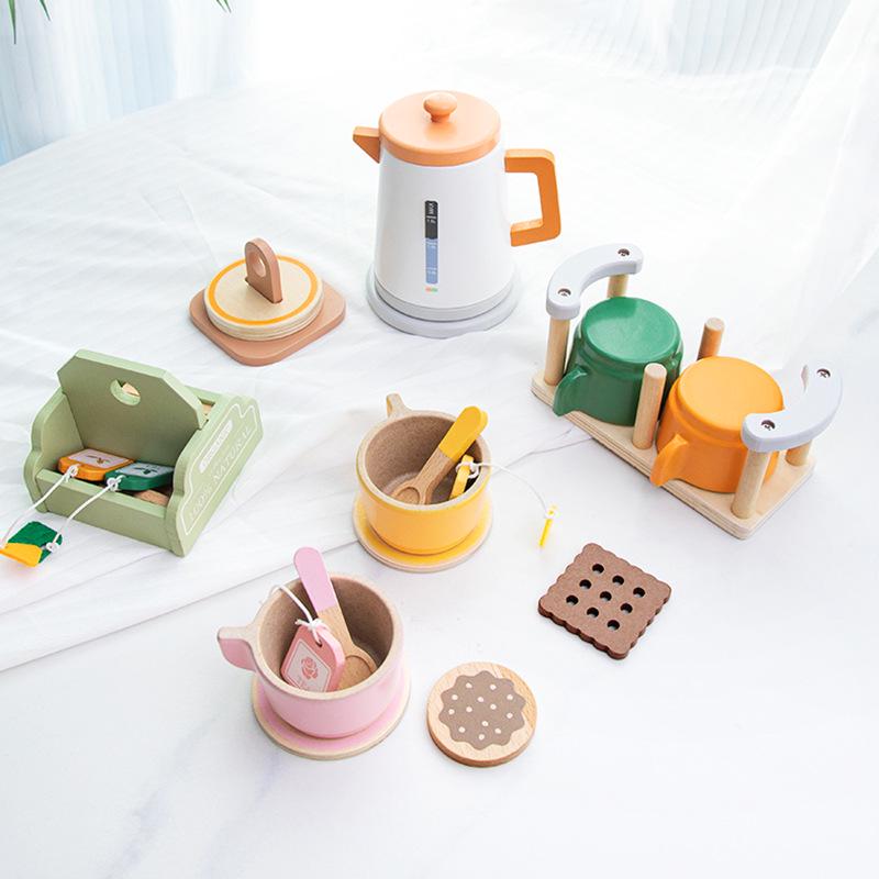 Children's Wooden Pretend Play Tea Set with Desserts and Teapot Tableware