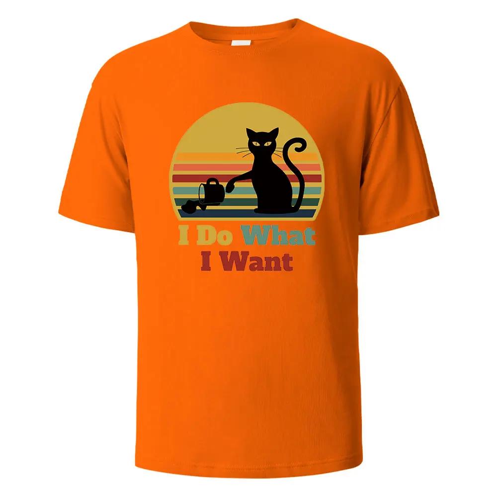 I Do What I Want Cat Pushing Down The Cup Printing Unisex T Shirts Summer Cotton Tshirts Breathable Basic Unisex Clothing Street Tees