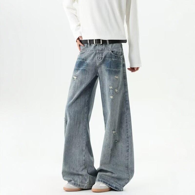 New retro blue wide-footed jeans for men and women, ripped bug bites, ripped holes, straight-up pocket pants