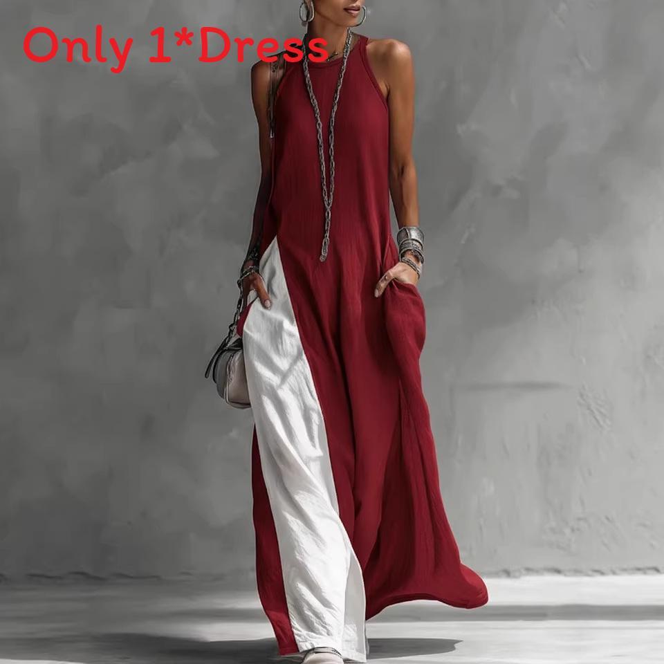 Polyester Splicing Sleeveless Loose Casual Dress With Pockets For Travel And Beach Use