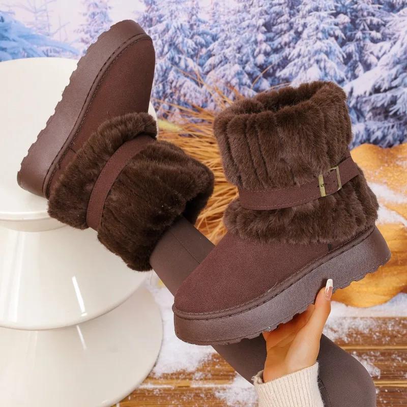 2026 Winter New Short Plush Thick-soled Women's Snow Boots Metal Belt Buckle Ankle Boots Fluffy Furry Women's Cotton Shoes