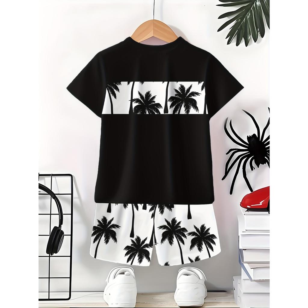 Summer 2026 New Children's Casual Short-sleeved Set, Coconut Tree Sailboat Printed Round-neck