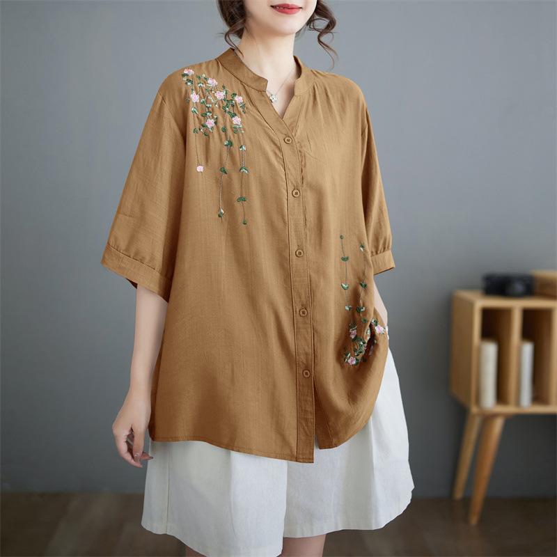 

Летняя 2024 Вышитая Блузка с Коротким Рукавом Большого Размера для Женщин One Size кофейный