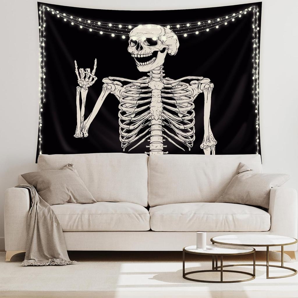 Riyidecor Skull Skeleton Tapestry Wall Hanging 51Hx59W Inch Funny Black and White Theme Home Decor for Men Women Gothic Hippie Halloween Bohemian