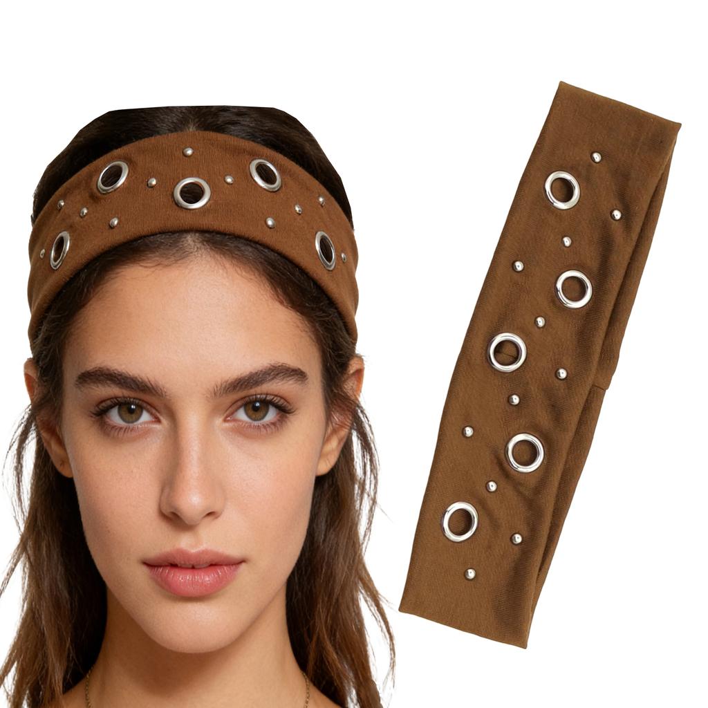 Elastische Punk Metal Oogjes Hoofdband, Unisex Brede Stretch Klinknagel Haarband, Retro Straat Sport Zweet Hoofdband