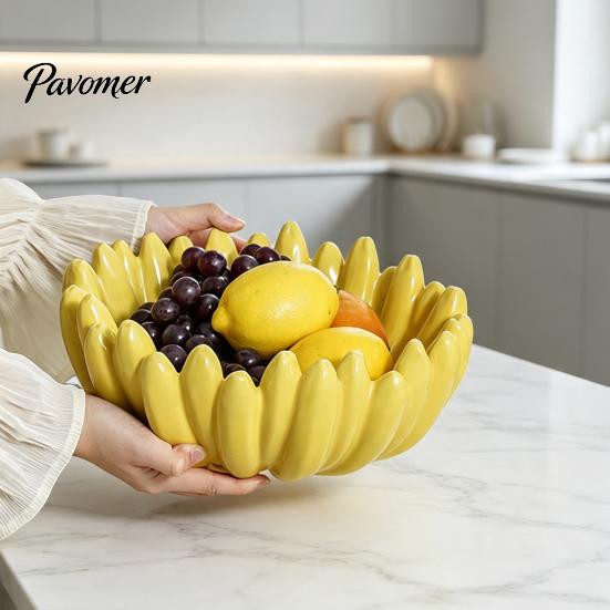 Kitchen Countertop Organizer Ceramic Banana Fruit Bowl, Hand-Painted Stable Base Decorative Snack Unique Housewarming Gift Tray, Large Capacity