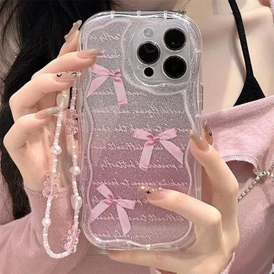 Kremmønster iPhone-deksel for 13/14/15Pro XS, Rosa Papir INS-stil med Armbånd