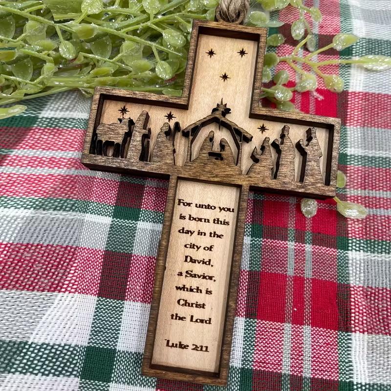 1pc 3D Nativity Scene Wooden Cross Ornament, Handmade Christmas Tree Decoration, Home And Religious Decoration