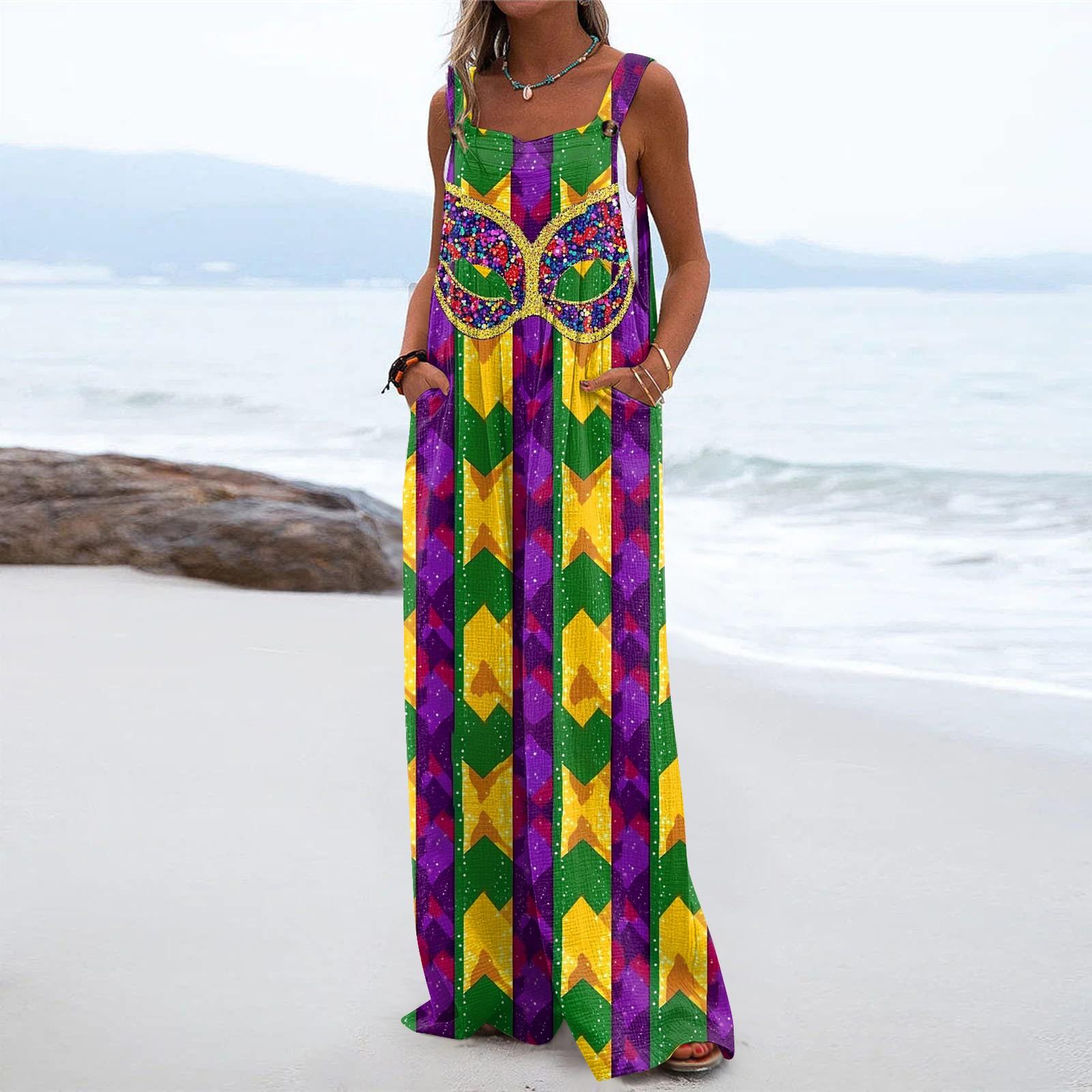 

Широкий комбинезон для женщин, повседневный свободный комбинезон без рукавов с принтом и пуговицами, длинные брюки, комбинезон с карманами L темно-зеленого