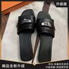 Real Soft Leather Silver Buckle Slippers Women's 2025 Summer New French Lock Flat Bottom Cool Slippers Wear Half Slippers Women