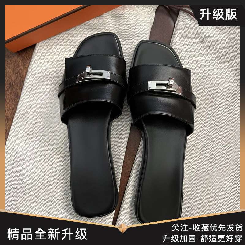 Real Soft Leather Silver Buckle Slippers Women's 2025 Summer New French Lock Flat Bottom Cool Slippers Wear Half Slippers Women