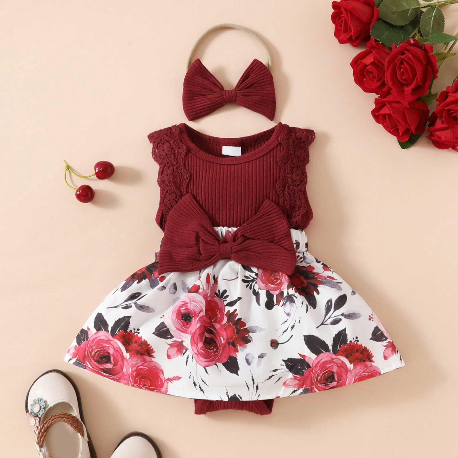 Baby Girl Sleeveless Lace Trim Bodysuit Dress Floral Print Triangle Romper with Bow Headband Summer Outfit 12M винный