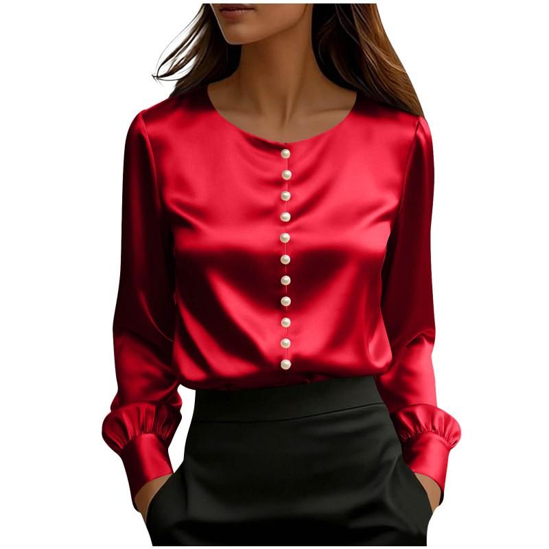2026 Womens Satin Silk-Feel Short Sleeve T-Shirt With Pearl Embellished Round Neck Solid Color Casual Street Style