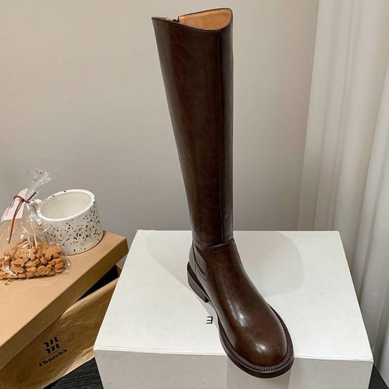 Autumn and winter leather knight boots women's medium heel versatile women's leather boots square heel large tube circumference zipper cowhide high