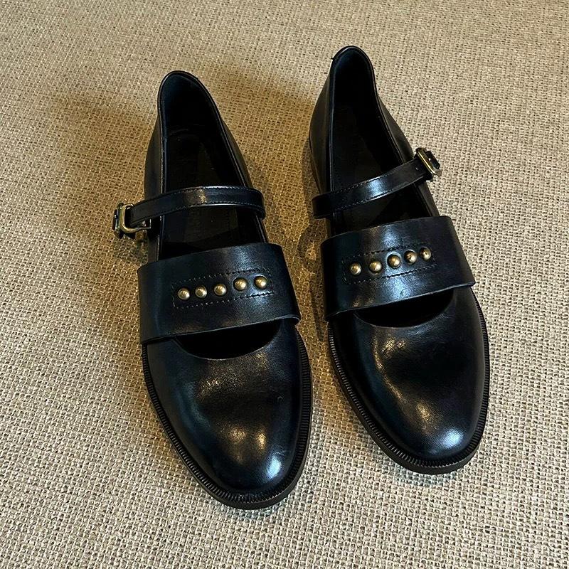 Leather British Style Rivets Hollow Small Leather Shoes Loafers Women's 2025 Spring Thick Heel with Mary Jane Single Shoes