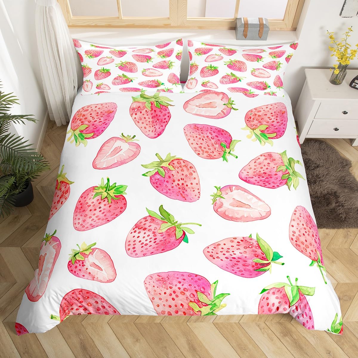 

Детский розовый клубничный пододеяльник Кинг Квин Набор постельного белья с грибами для девочек, Кавайный фруктовый чехол для одеяла, Акварельный чехол для одеяла EU single(135x200cm)