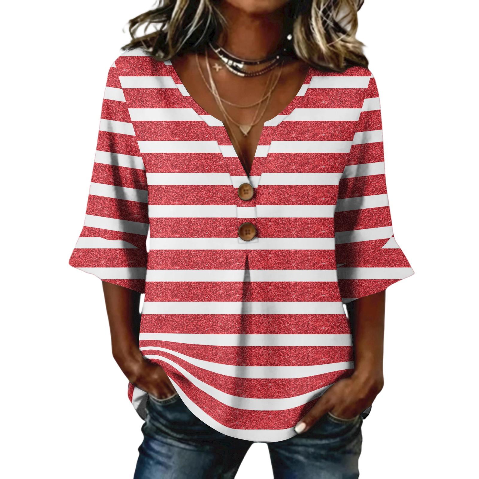 Ladies  striped printed button casual V-neck fashionable seven quarter sleeve top S розовый