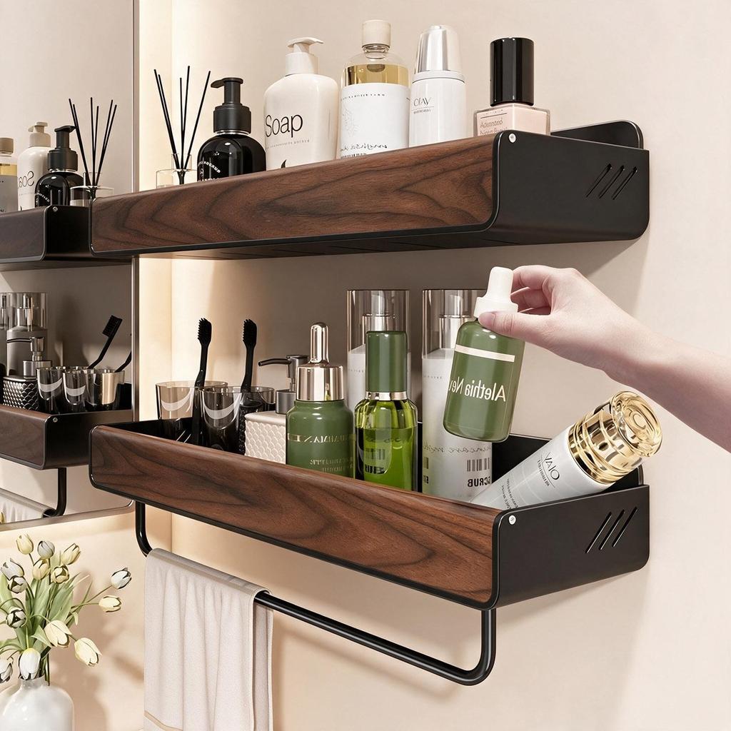 Walnut Corner Bathroom Shelf for Cosmetics, No-Drill Triangle Stand.