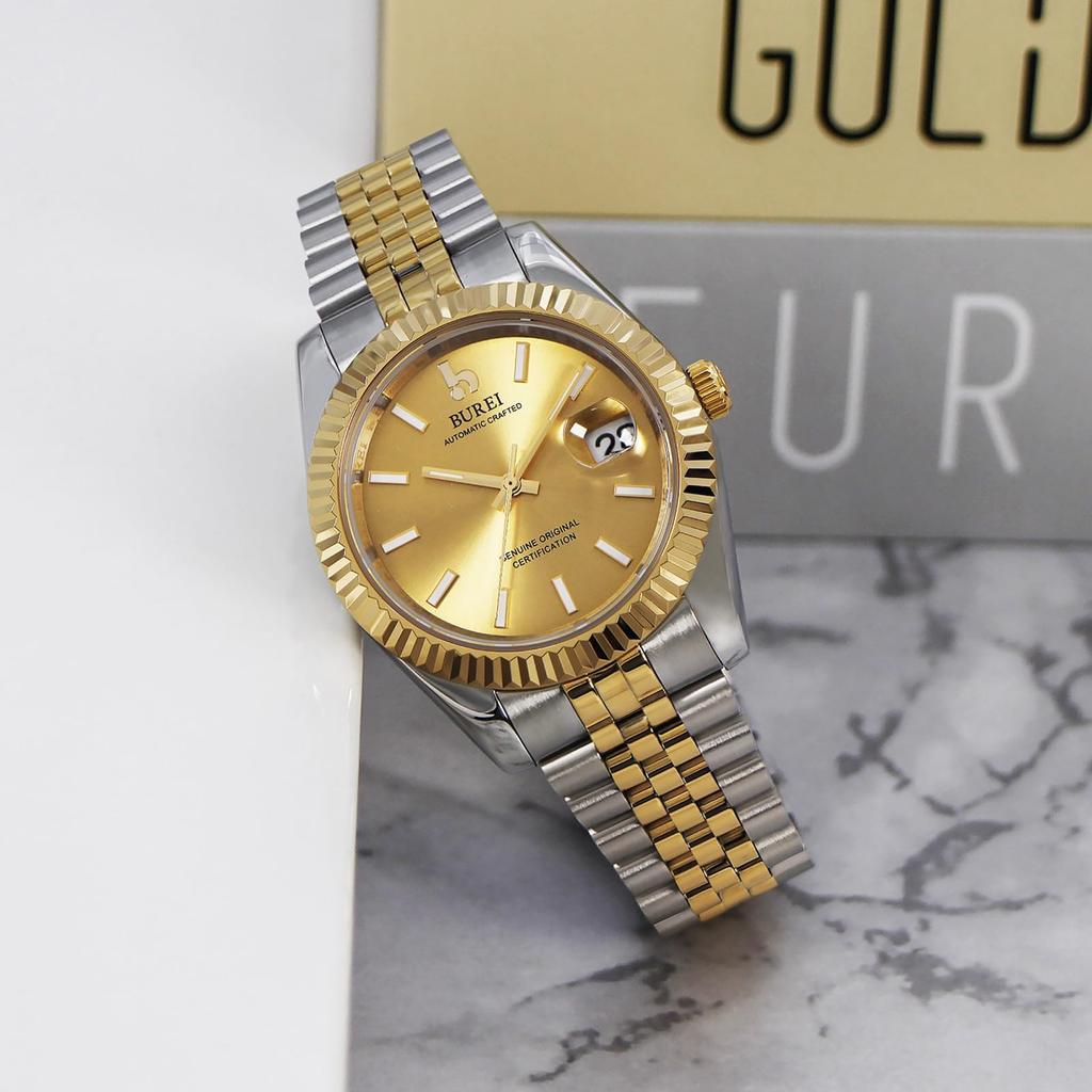 BUREI Automatic Popular for Date Luminous Men's Watch, Waterproof, Analog, Mechanical, Business, Display, Simple, Casual, (Gold/Silver)