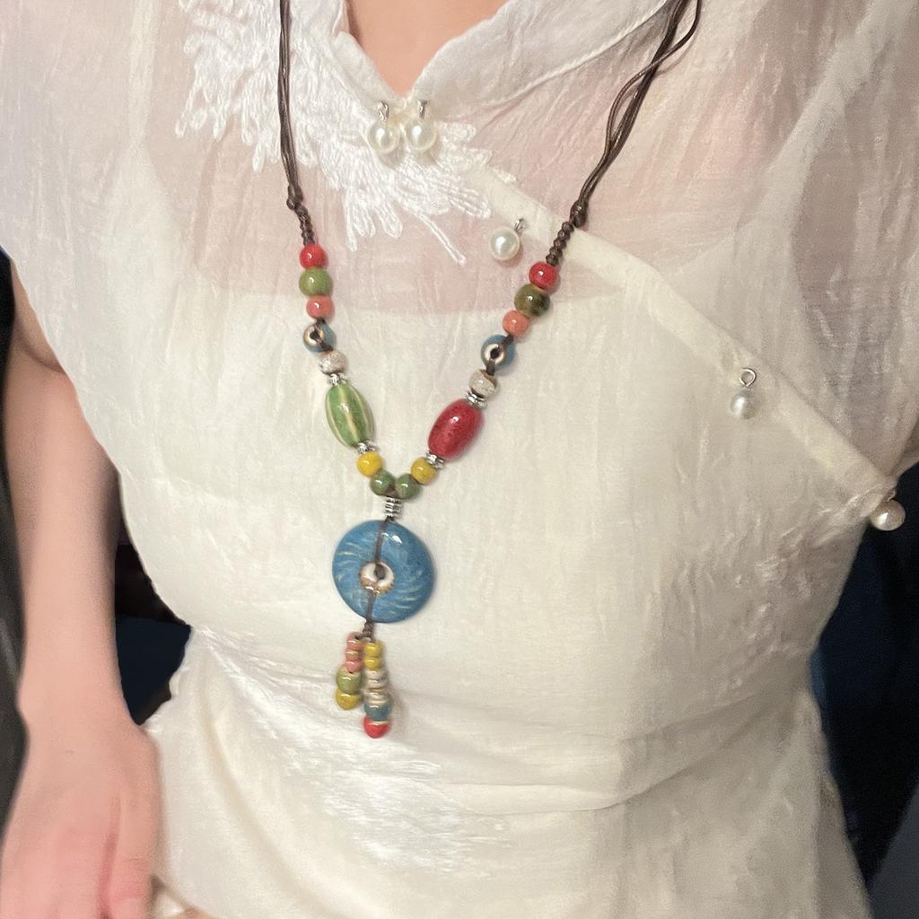 Painted ceramic fish necklace, Bohemian style woven rope necklace, women's vintage high-end beaded clavicle chain
