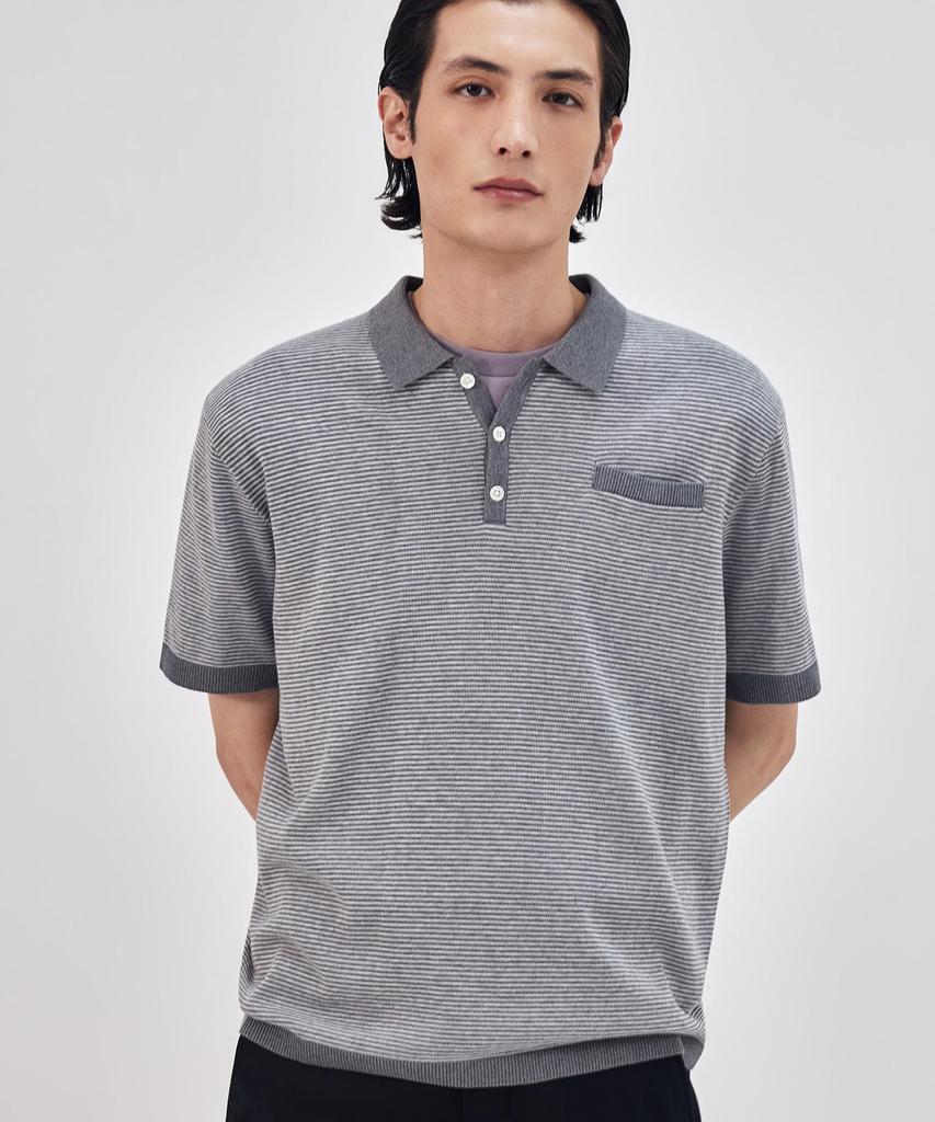 THEKNITCOMPANY Orea Stripe Polo Shirt - Quill Grey