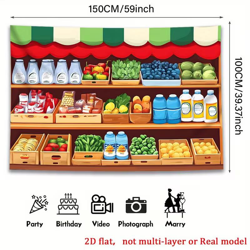 2D Kids Room Tapestry, Grocery Store Shelves with Vegetables & Drinks Decor
