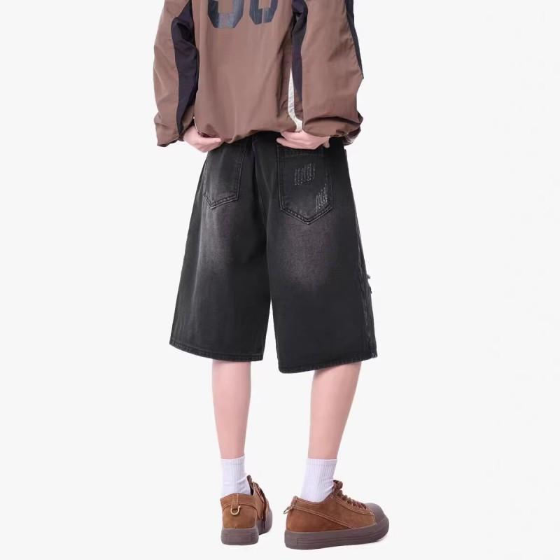 Vintage Distressed Denim Shorts Men Women Loose Straight Leg Streetwear Casual Pants