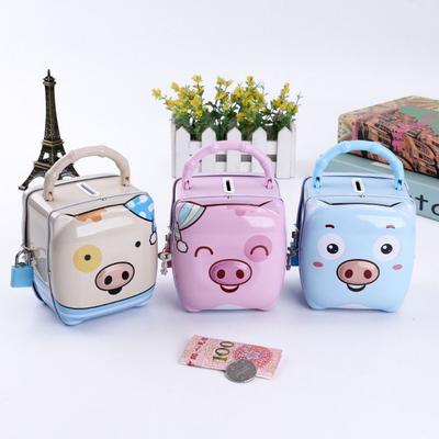 Tirelire Cochon Dessin Animé avec Clé de Verrouillage Boîte d'Épargne en Fer Blanc Forme de Cochon Tirelire Portative pour Enfants Cadeau