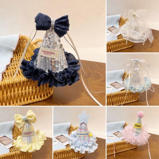 Birthday Hat Three-Dimensional Star Decoration Plaid Mesh Lace Princess Style Headwear Party Hair Accessory Photo Prop