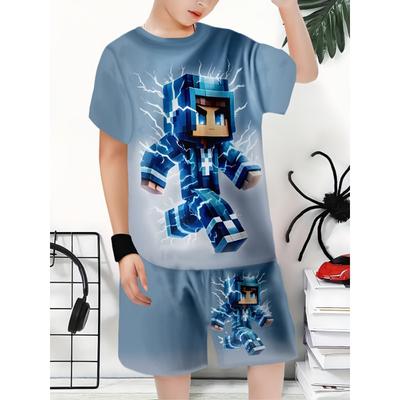 Boys' Casual 3D Printed Short Set Polyester Crew Neck T-Shirt & Shorts Spring/Summer Outfit For Outdoor