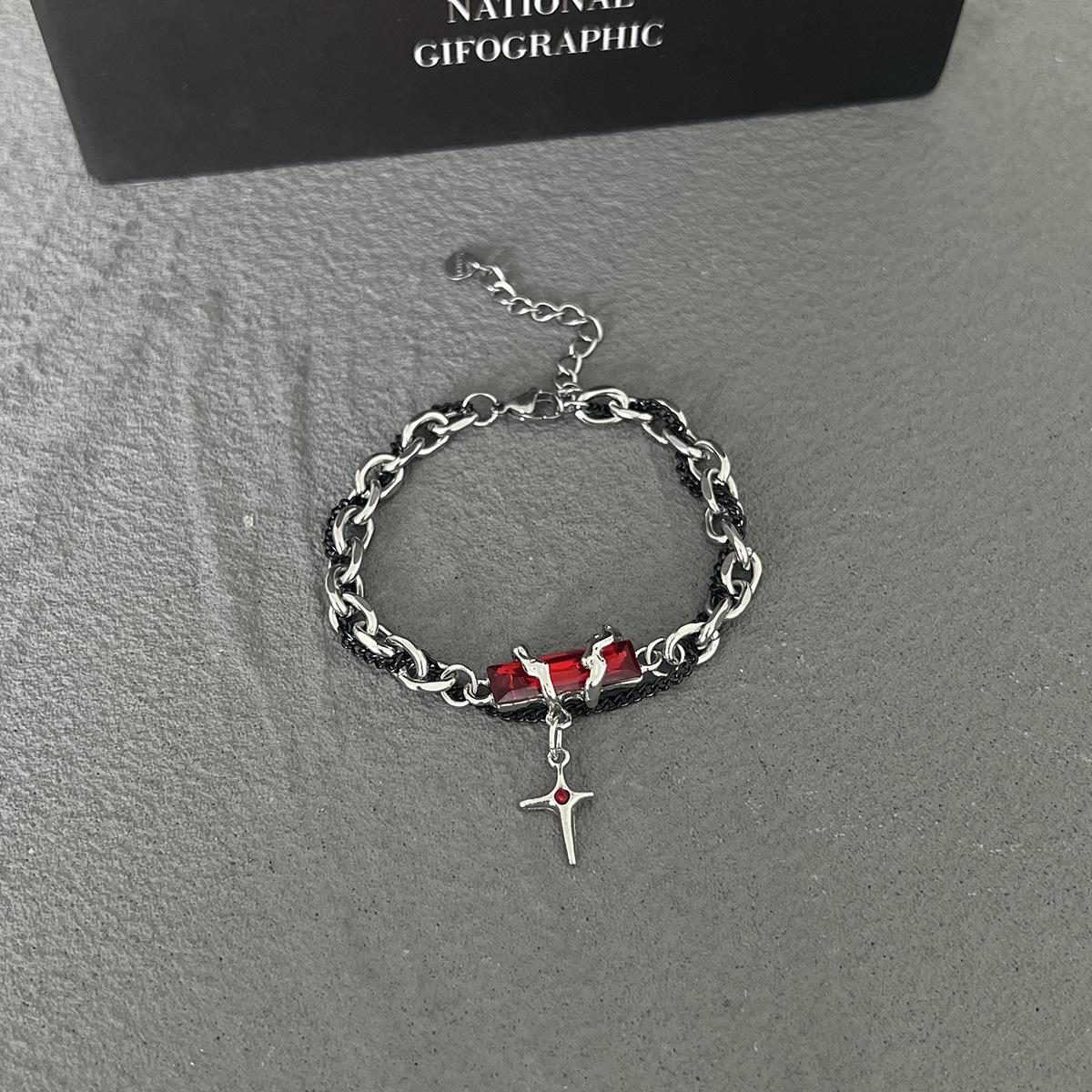 

Stylish Black Gemstone Cross Patchwork Bracelet for Men & Women - High-End Titanium Steel Hand Jewelry
