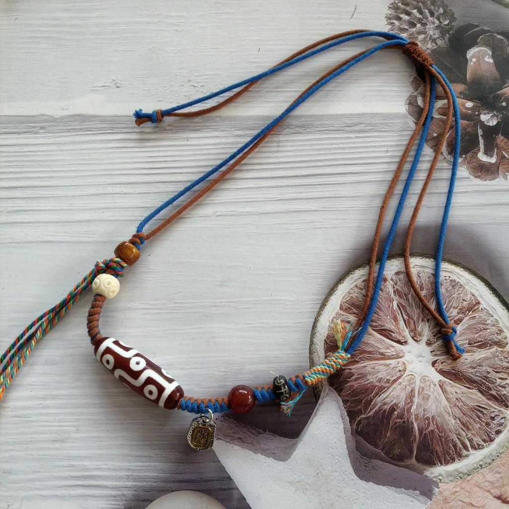 Adjustable Handmade Necklace with Agate Buddha Eye, 3-Eyed Dzi, and 9-Eyed Pendant