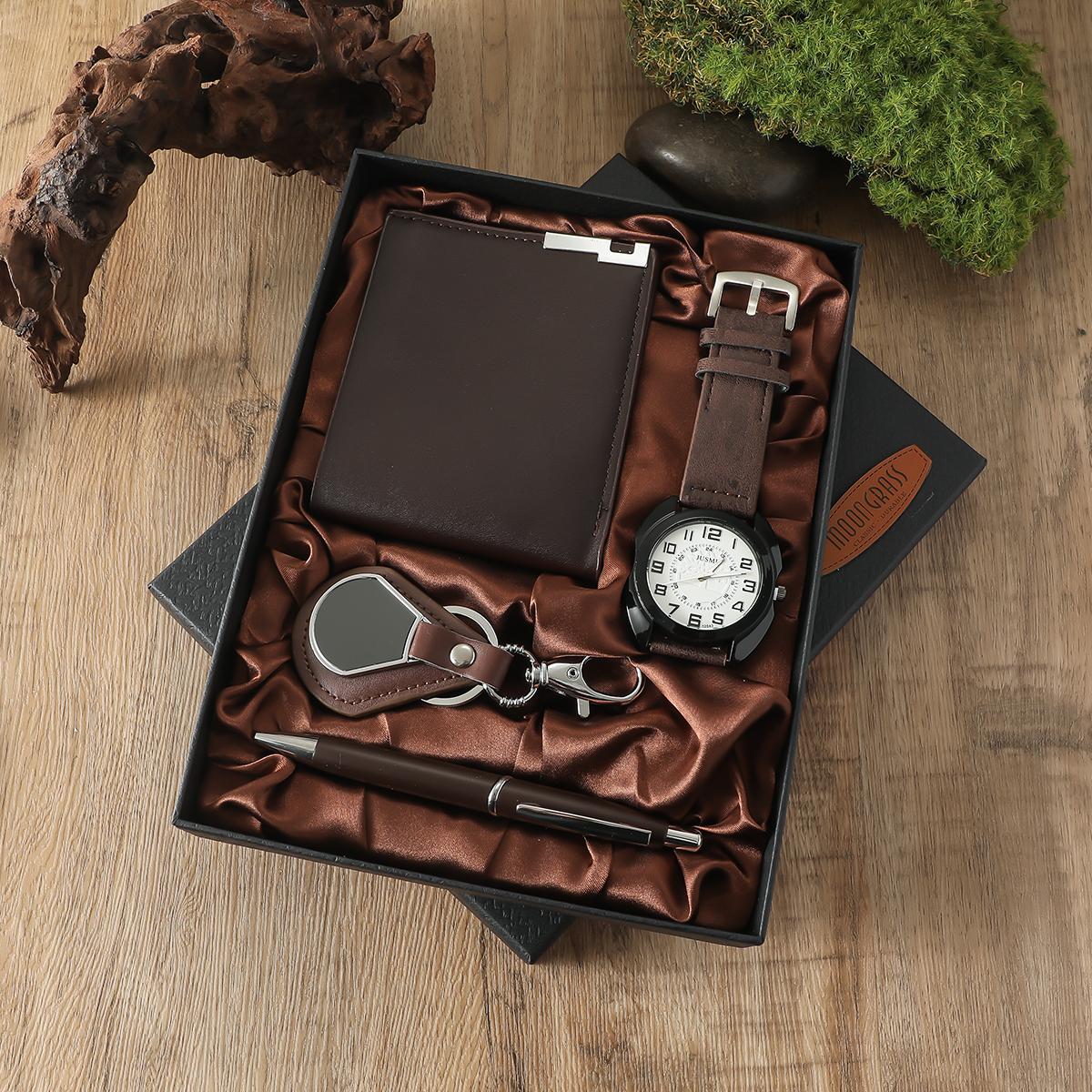

New brown round plate business watch wallet pen keychain 4-piece set men s gift box set коричневый
