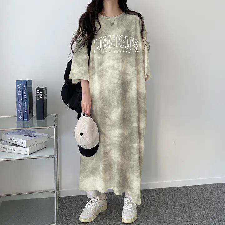 

Летнее женское повседневное платье-футболка средней длины с принтом тай-дай, 2024 Extra Large хаки