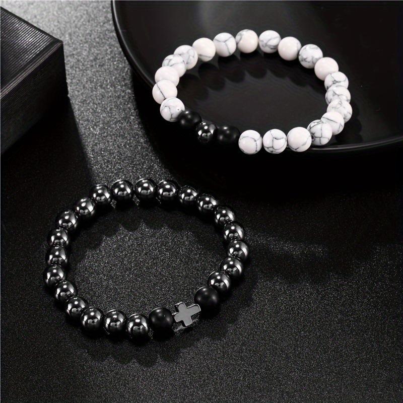 Temu Bestseller: White Turquoise & Black Agate Couple's Cross Bracelet Set