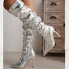 Eilyken Fashion Silver Women Knee High Boots Sexy Pointed Toe Thin Heels Ladies Long Side Zipper Female Shoes