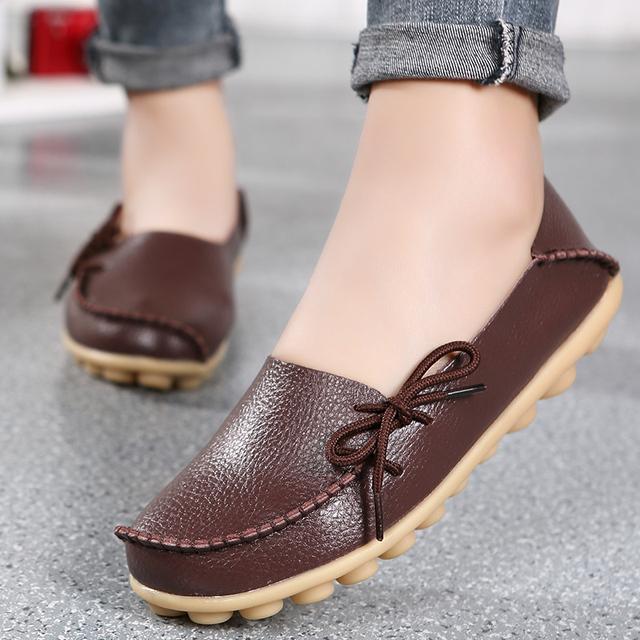 New Moccasins Women Flats  Autumn Woman Loafers Genuine Leather Female Shoes Slip On Ballet Bowtie Women 'S Shoes Big Size