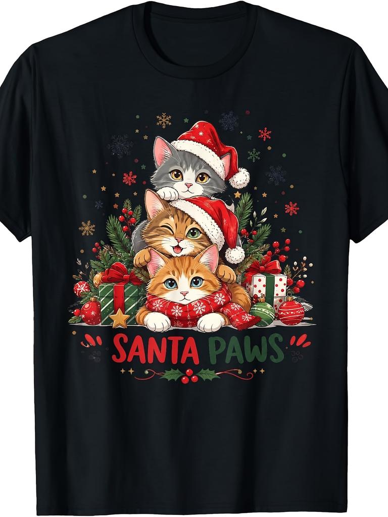Unisex T-shirt Retro Santa Paw & Claw Cat Christmas T-Shirt - Suitable for - Round Neck Tee with Santa Cat Tree Lig