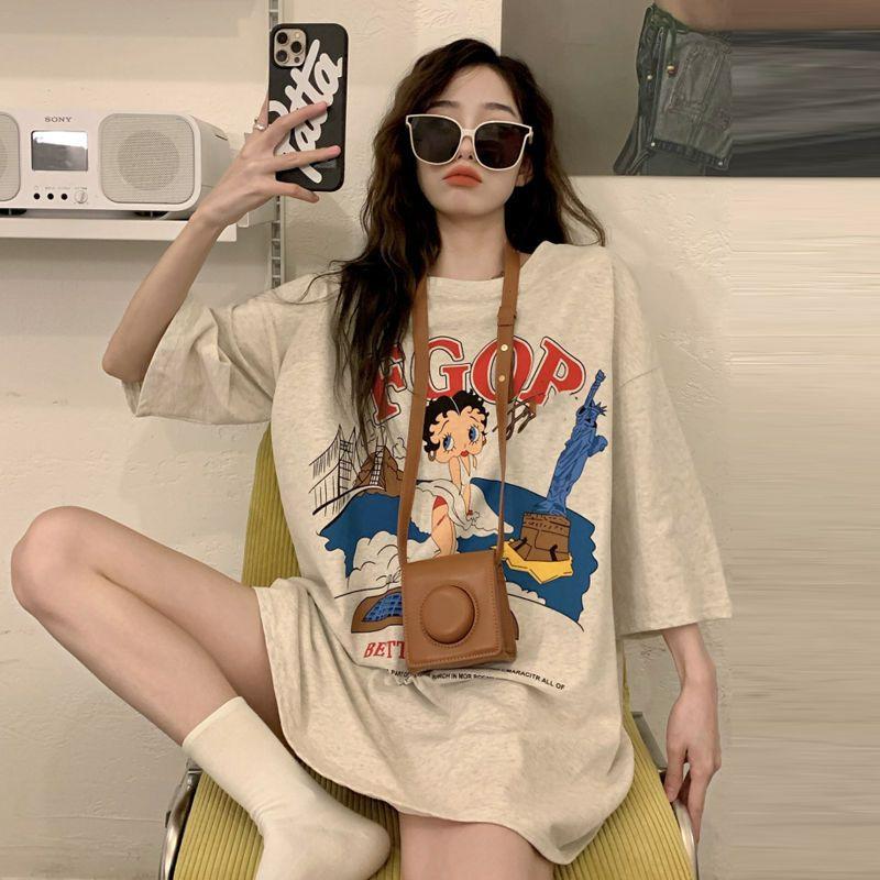 American Style Vintage Large Size Cotton T-Shirt Women's Retro Short Sleeve Summer Top Casual Loose Fit Round Neck Tshirts