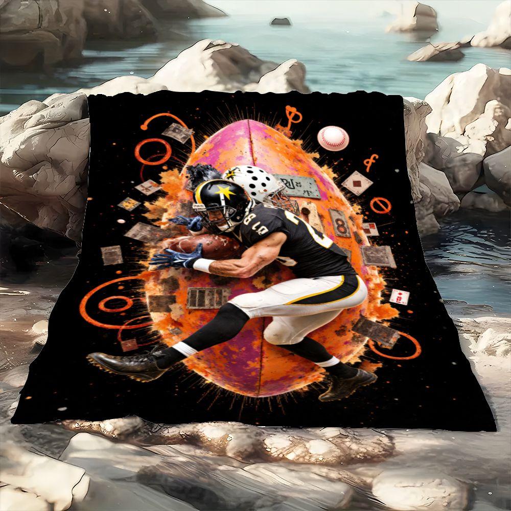 Dynamic American Football Player in Action Blanket - Artistic Black and Yellow Pittsburgh Steelers Design, Featuring Vibrant Foo 30x40in