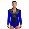 Men's Latin Dance Leotard - Glittery Rhinestones V Neck Long Sleeve Satin Patchwork Bodysuit for Performance