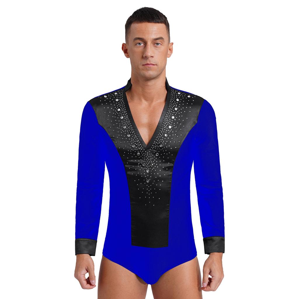 Men's Latin Dance Leotard - Glittery Rhinestones V Neck Long Sleeve Satin Patchwork Bodysuit for Performance